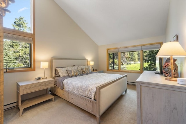 22300 US Highway 6 Unit 1746, Keystone, CO 80435 - bedroom with light colored carpet, a baseboard heating unit, and high vaulted ceiling