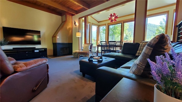 620 Tennis Club Rd Unit 1337, Keystone, CO 80435 - living area with carpet, a wood ceiling with exposed beams, and a large fireplace