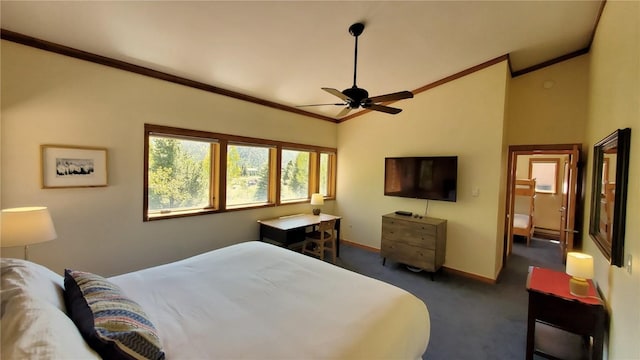620 Tennis Club Rd Unit 1337, Keystone, CO 80435 - carpeted bedroom with ornamental molding, vaulted ceiling, and a ceiling fan