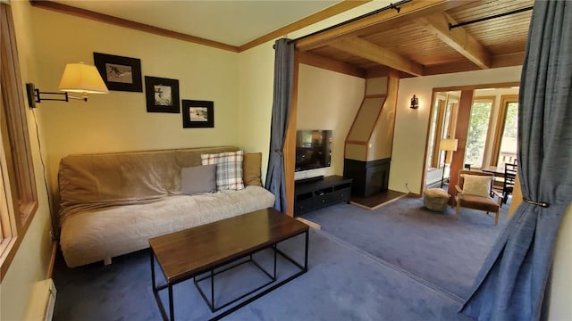 620 Tennis Club Rd Unit 1337, Keystone, CO 80435 - carpeted living area featuring baseboard heating and a wooden ceiling with exposed beams