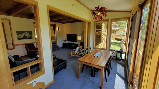 620 Tennis Club Rd Unit 1337, Keystone, CO 80435 - dining room with carpet floors, stairway, and beamed ceiling
