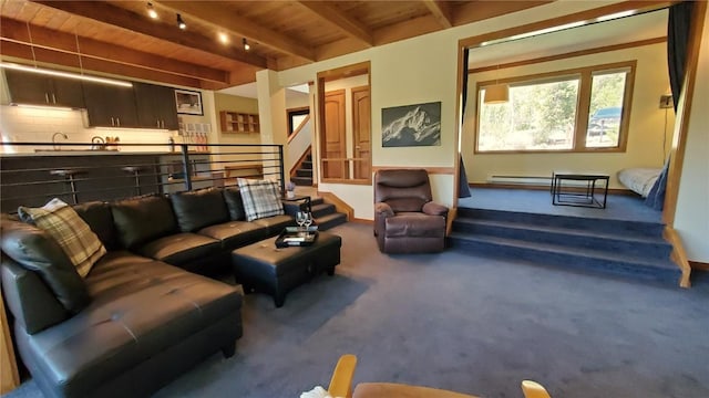 620 Tennis Club Rd Unit 1337, Keystone, CO 80435 - carpeted living room with a wood ceiling with exposed beams, stairway, and track lighting
