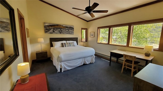 620 Tennis Club Rd Unit 1337, Keystone, CO 80435 - carpeted bedroom with vaulted ceiling, ornamental molding, and ceiling fan