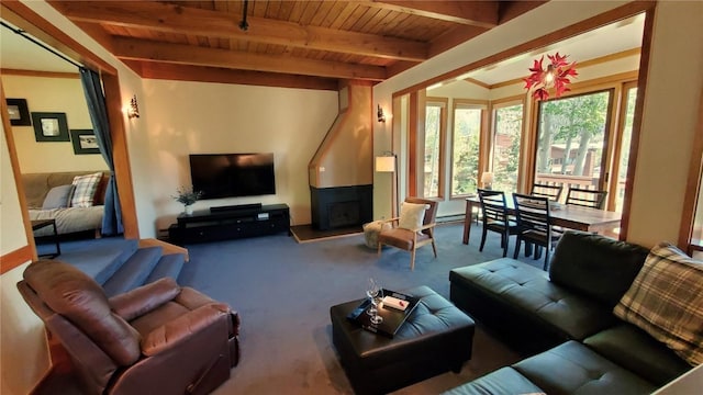 620 Tennis Club Rd Unit 1337, Keystone, CO 80435 - living room featuring a wooden ceiling with exposed beams, carpet flooring, and a fireplace