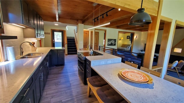620 Tennis Club Rd Unit 1337, Keystone, CO 80435 - kitchen with a wooden ceiling with exposed beams, range with electric cooktop, dark wood-type flooring, backsplash, and pendant lighting