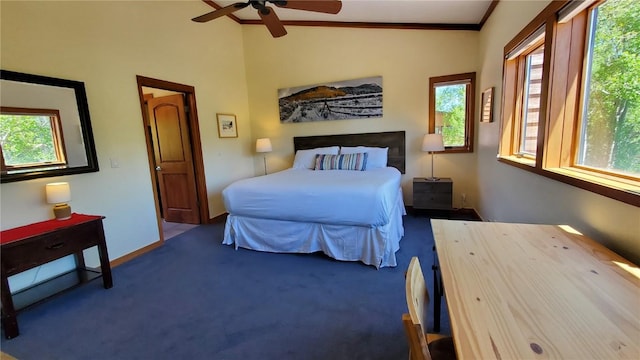 620 Tennis Club Rd Unit 1337, Keystone, CO 80435 - carpeted bedroom with vaulted ceiling, ceiling fan, and ornamental molding