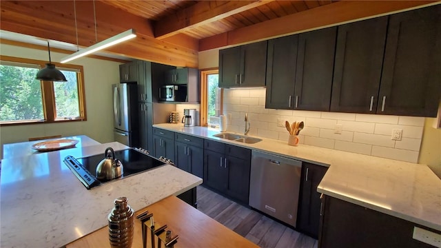 620 Tennis Club Rd Unit 1337, Keystone, CO 80435 - kitchen featuring appliances with stainless steel finishes, backsplash, a wooden ceiling with exposed beams, dark wood-style floors, and hanging light fixtures