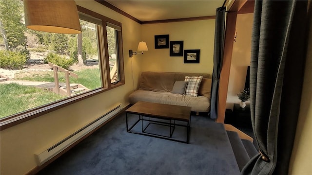 620 Tennis Club Rd Unit 1337, Keystone, CO 80435 - living area featuring baseboard heating, carpet floors, and ornamental molding