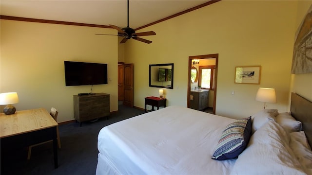 620 Tennis Club Rd Unit 1337, Keystone, CO 80435 - bedroom with dark carpet, high vaulted ceiling, ornamental molding, and a ceiling fan
