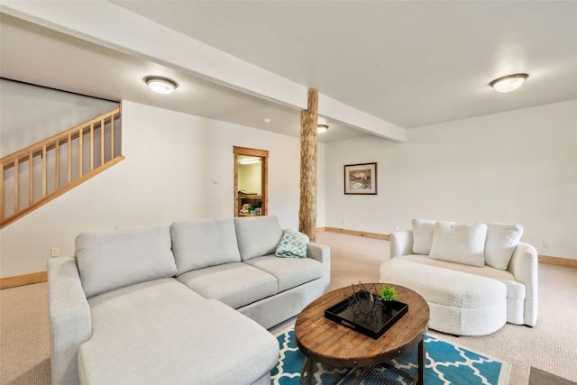51193 Smith Creek Park Rd, Steamboat Springs, CO 80487 - living room with carpet flooring, baseboards, and stairway