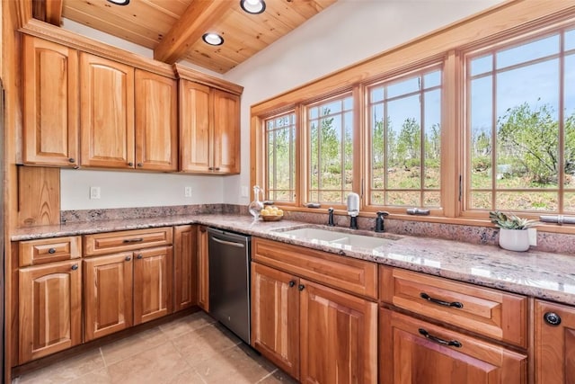 51193 Smith Creek Park Rd, Steamboat Springs, CO 80487 - kitchen featuring dishwasher, healthy amount of natural light, a sink, wooden ceiling, and beamed ceiling