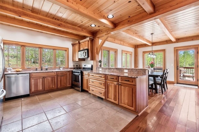 51193 Smith Creek Park Rd, Steamboat Springs, CO 80487 - kitchen with appliances with stainless steel finishes, a peninsula, beamed ceiling, a sink, and wooden ceiling