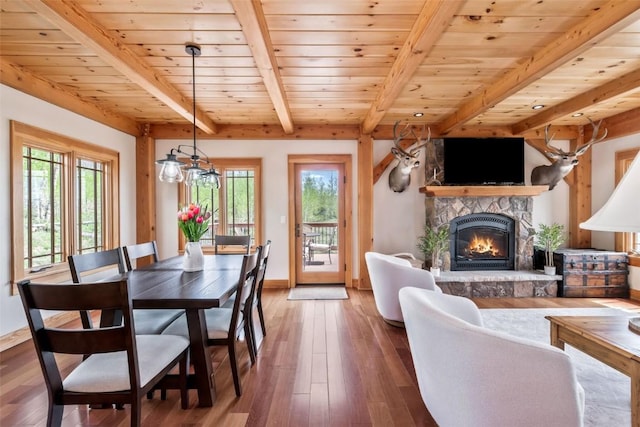 51193 Smith Creek Park Rd, Steamboat Springs, CO 80487 - dining room featuring baseboards, beam ceiling, a fireplace, wood ceiling, and wood finished floors