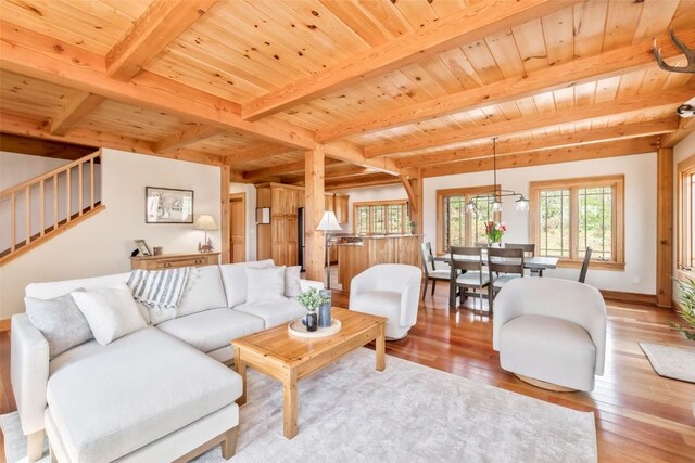 51193 Smith Creek Park Rd, Steamboat Springs, CO 80487 - living area featuring wooden ceiling, wood-type flooring, beam ceiling, stairway, and baseboards