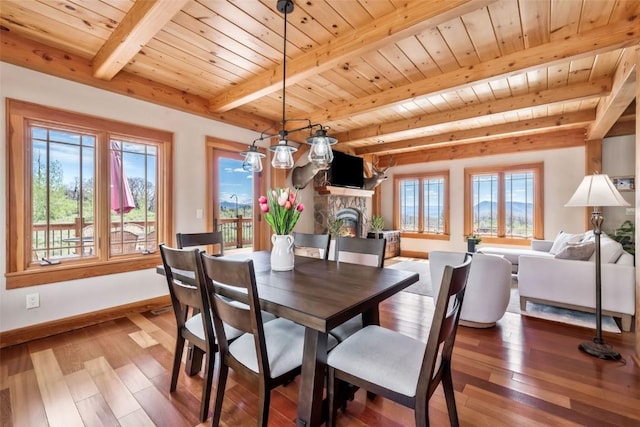 51193 Smith Creek Park Rd, Steamboat Springs, CO 80487 - dining area with baseboards, wood ceiling, a fireplace, hardwood / wood-style flooring, and beamed ceiling