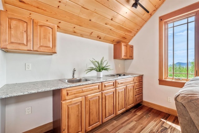 51193 Smith Creek Park Rd, Steamboat Springs, CO 80487 - kitchen featuring a sink, vaulted ceiling, wood finished floors, baseboards, and stainless steel cooktop