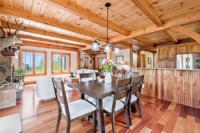51193 Smith Creek Park Rd, Steamboat Springs, CO 80487 - dining room featuring wood finished floors, wooden ceiling, and beamed ceiling