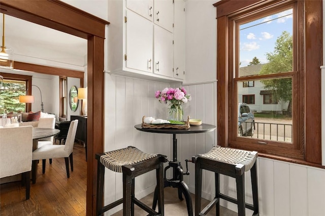 203 Spruce St, Steamboat Springs, CO 80487 - dining room with a decorative wall, dark wood-style flooring, and a wainscoted wall