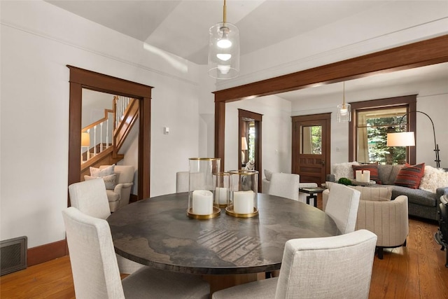 203 Spruce St, Steamboat Springs, CO 80487 - dining area with wood finished floors and stairway