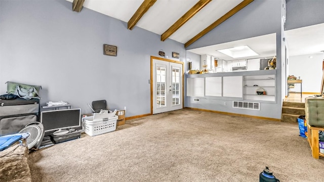 1226 Barclay St, Craig, CO 81625 - carpeted living room featuring french doors, beamed ceiling, and high vaulted ceiling
