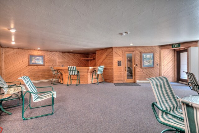 23034 US Highway 6 Unit 305, Keystone, CO 80435 - interior space with wooden walls, carpet, a textured ceiling, and a bar