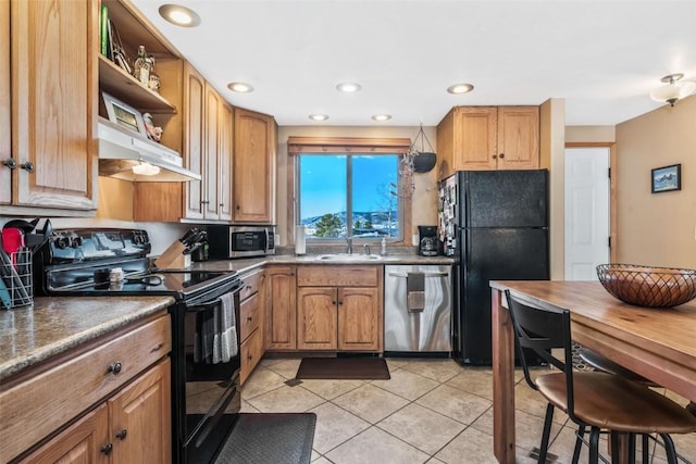 kitchen featuring under cabinet range hood, open shelves, a sink, light tile patterned floors, and black appliances