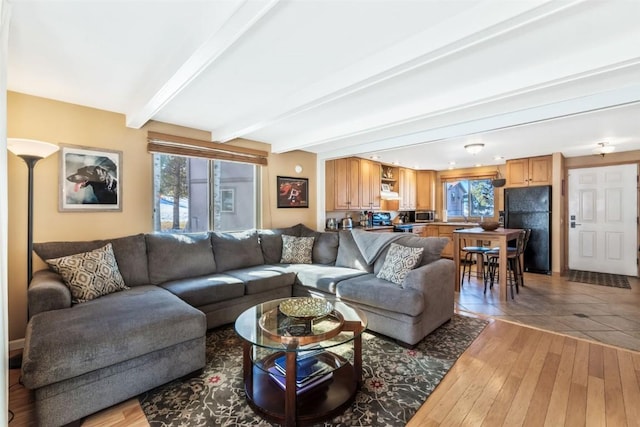 living area featuring a healthy amount of sunlight, light wood finished floors, and beamed ceiling