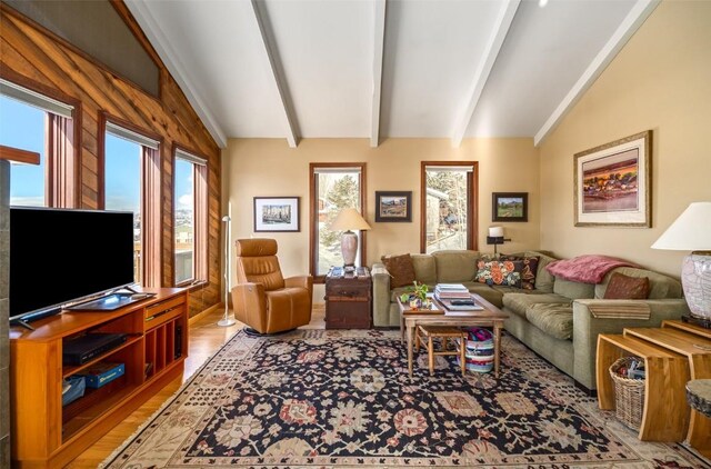 3185 Apres Ski Way, Steamboat Springs, CO 80487 - living area with lofted ceiling with beams and light wood-style floors