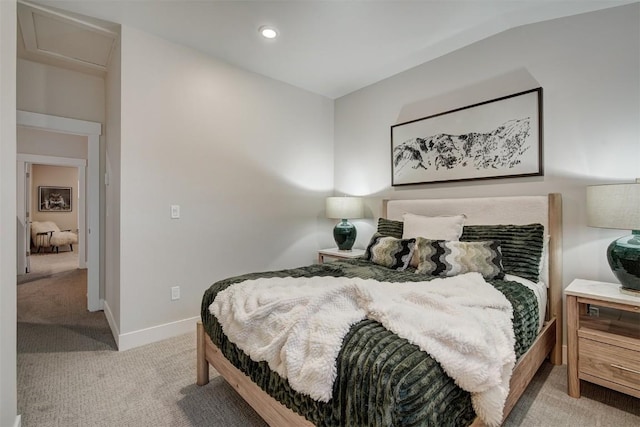 bedroom featuring light colored carpet, baseboards, attic access, and recessed lighting