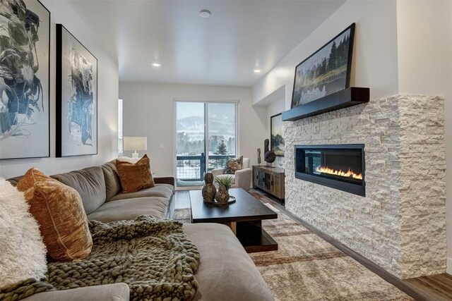 1301 Adams Ave Unit 122, Silverthorne, CO 80498 - living area featuring a fireplace and wood finished floors