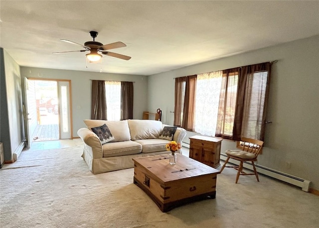 21725 4th Ave, Phippsburg, CO 80469 - living area with baseboard heating, light carpet, and a ceiling fan