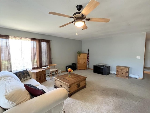 21725 4th Ave, Phippsburg, CO 80469 - living area with a baseboard heating unit, light carpet, and a ceiling fan