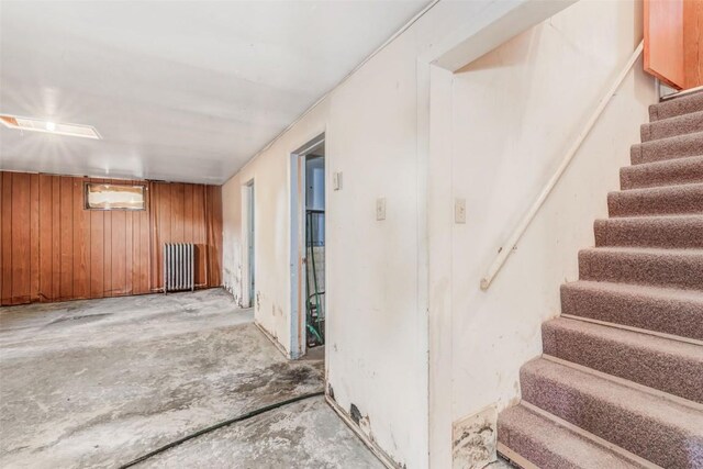 basement featuring wood walls