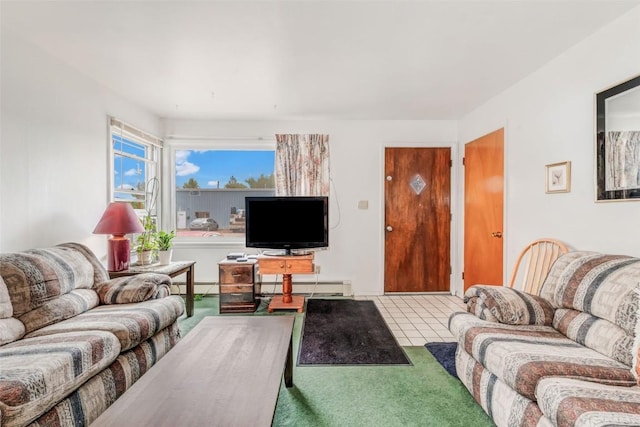 living room with tile patterned flooring and baseboard heating