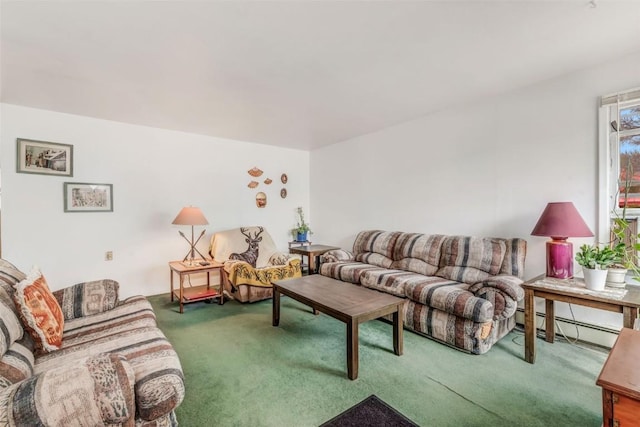 living room featuring carpet floors and a baseboard radiator