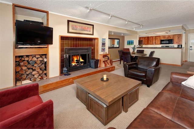 21640 US Highway 6 Unit 2122, Keystone, CO 80435 - living area with a fireplace, rail lighting, a textured ceiling, and light colored carpet