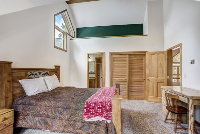 bedroom with connected bathroom, a closet, multiple windows, and a towering ceiling
