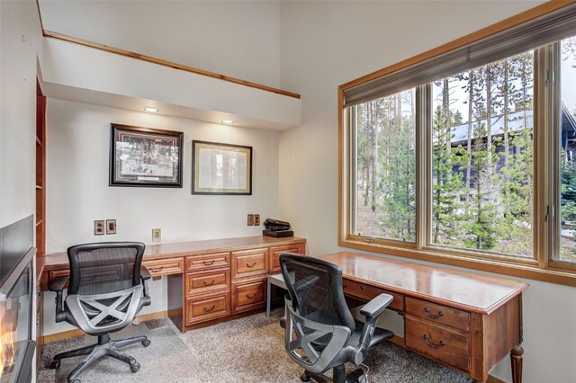 office area featuring built in study area and light carpet