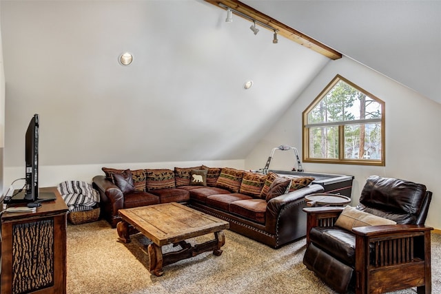 living room featuring carpet flooring and vaulted ceiling