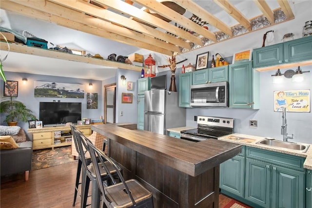 1295 Conestoga Cir, Steamboat Springs, CO 80487 - kitchen with appliances with stainless steel finishes, a sink, open floor plan, butcher block countertops, and dark wood-type flooring