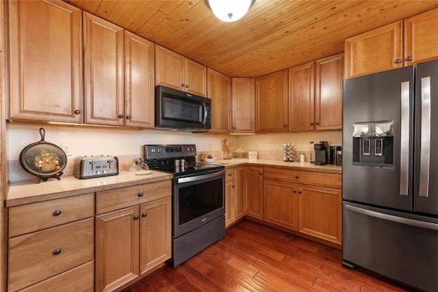 26635 Neptune Pl, Clark, CO 80428 - kitchen with stainless steel appliances, light countertops, dark wood-style floors, and wooden ceiling