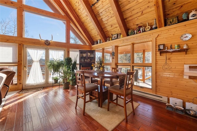 26635 Neptune Pl, Clark, CO 80428 - dining area with beamed ceiling, wood ceiling, hardwood / wood-style floors, wood walls, and baseboard heating
