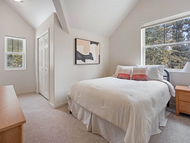 234 Peterson Dr, Alma, CO 80440 - bedroom with vaulted ceiling, light carpet, multiple windows, and a closet