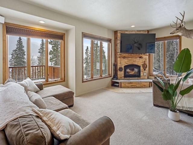 234 Peterson Dr, Alma, CO 80440 - living room featuring carpet flooring, a fireplace, and recessed lighting