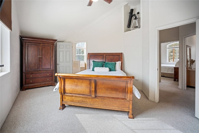 234 Peterson Dr, Alma, CO 80440 - bedroom with lofted ceiling, light carpet, and a ceiling fan