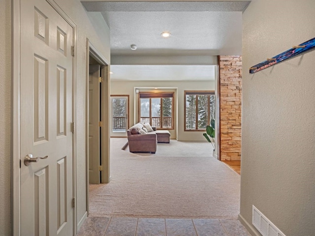 234 Peterson Dr, Alma, CO 80440 - hallway featuring carpet floors, tile patterned flooring, and a textured ceiling