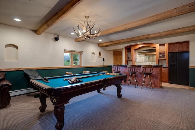 31695 Aspen Ridge Rd, Steamboat Springs, CO 80487 - game room featuring light colored carpet, a wainscoted wall, billiards, beamed ceiling, and a baseboard radiator