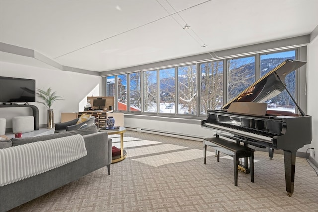 misc room with baseboards, plenty of natural light, carpet flooring, and baseboard heating