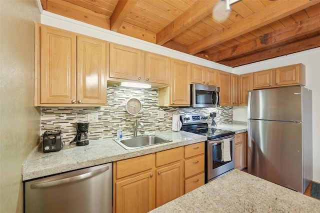 4200 Lodge Pole Cir Unit 205, Silverthorne, CO 80498 - kitchen with stainless steel appliances, backsplash, a wood ceiling with exposed beams, and light brown cabinetry