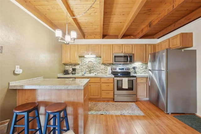 4200 Lodge Pole Cir Unit 205, Silverthorne, CO 80498 - kitchen with stainless steel appliances, a wood ceiling with exposed beams, decorative backsplash, a peninsula, and light countertops